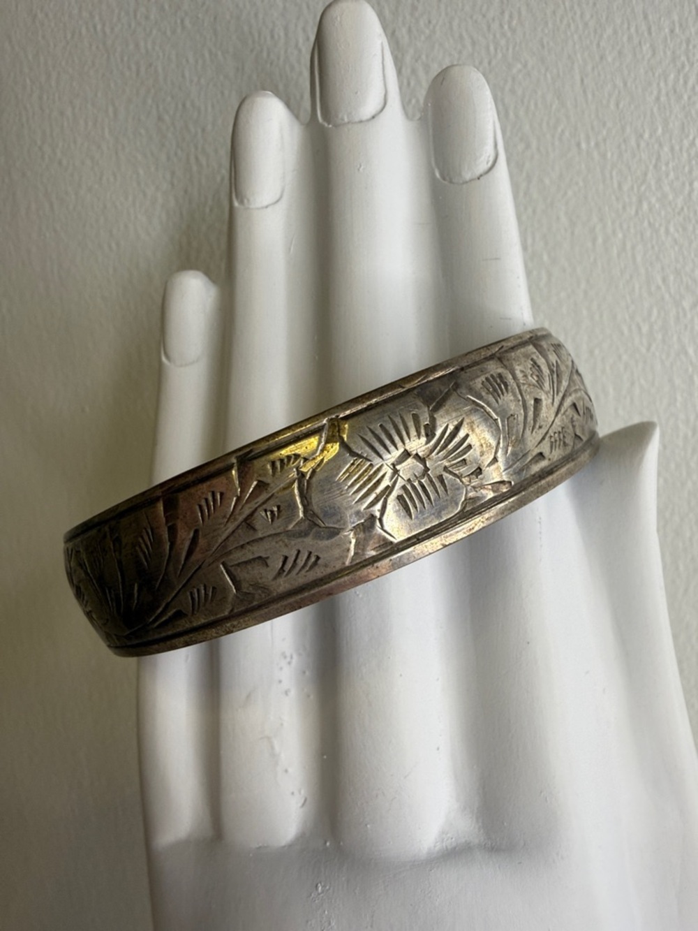 Engraved Floral Silver-Tone Bangle Bracelet
